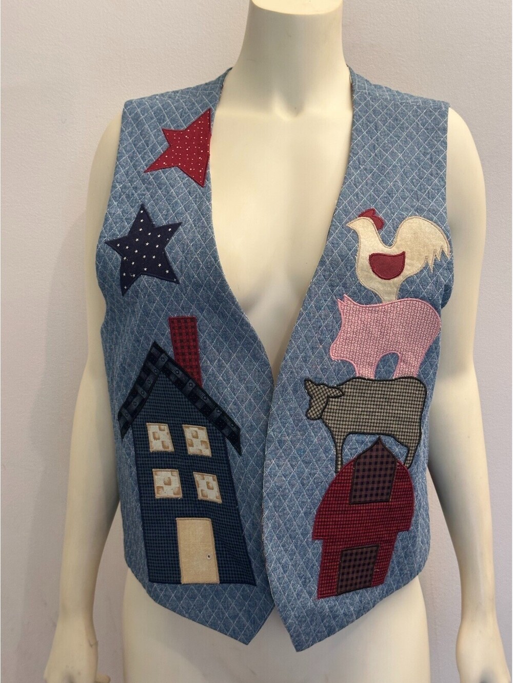 Vtg Patchwork Denim Vest Farm Cottage Country Granny Novelty Open Art Handmade